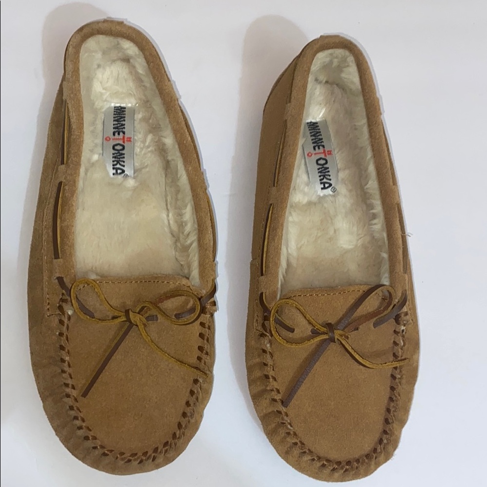 Minnetonka Tan Suede Slip-On Loafers